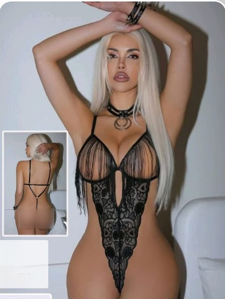 بودي سوت نسائية من الدانتيل مفتوحة من الأمام مع تفاصيل شراشيب - أسود - مقاس واحد